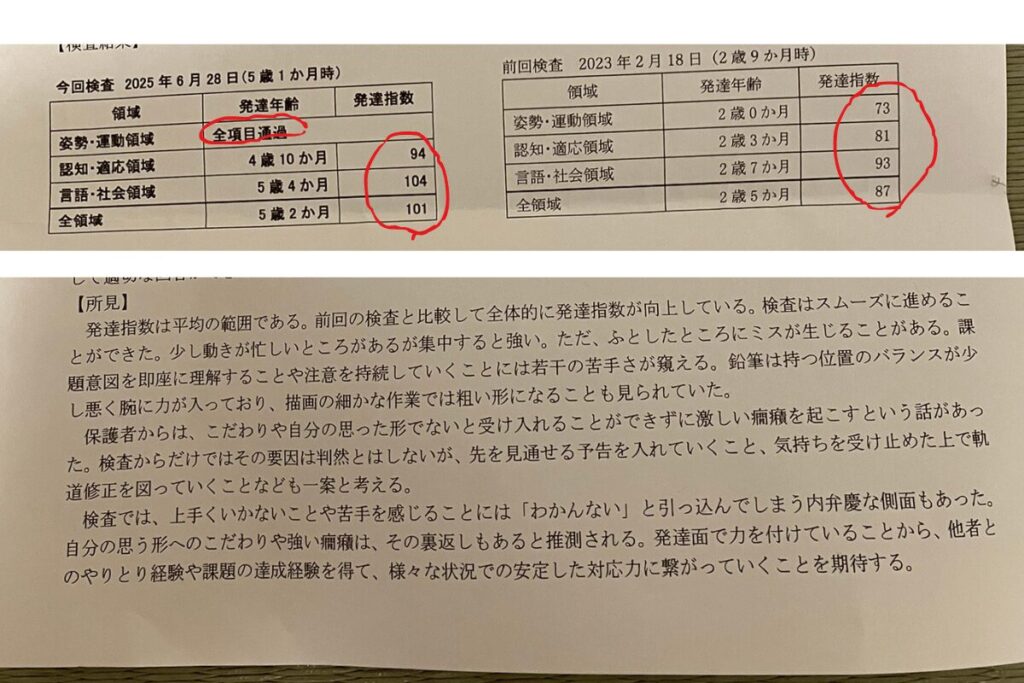 K式検査の娘の個人的な結果の写真。
