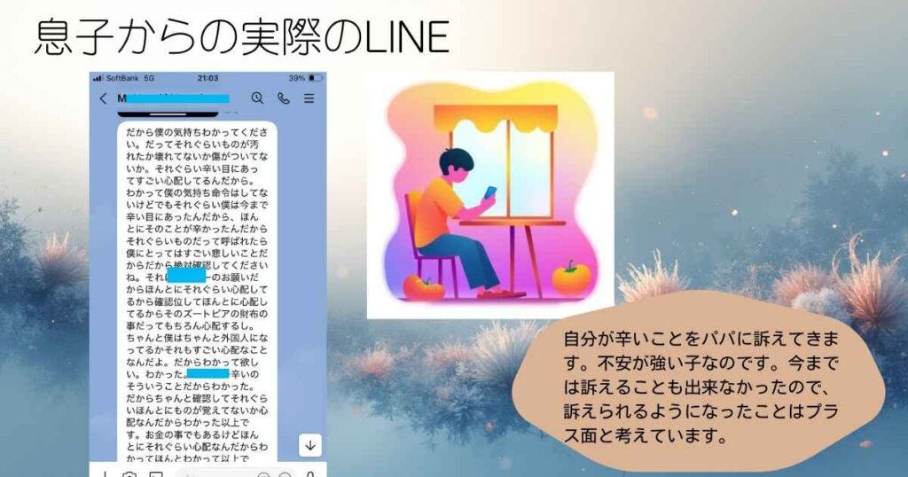 実際の息子からのLINEを掲載。不安が強い特性がよく表れています。