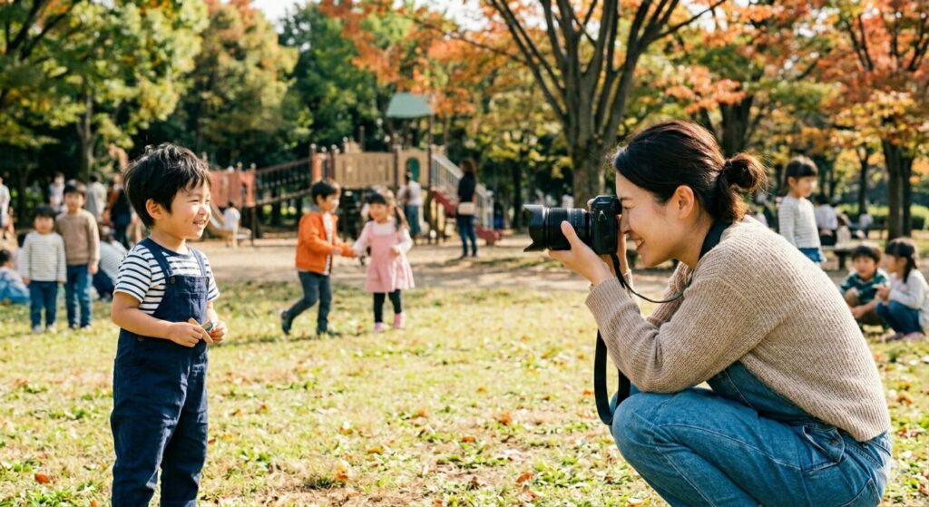 この見出しの内容にそった画像。子供をレンズで覗いている時には、周りの声は気にしないで良いというイメージ画像になります。
